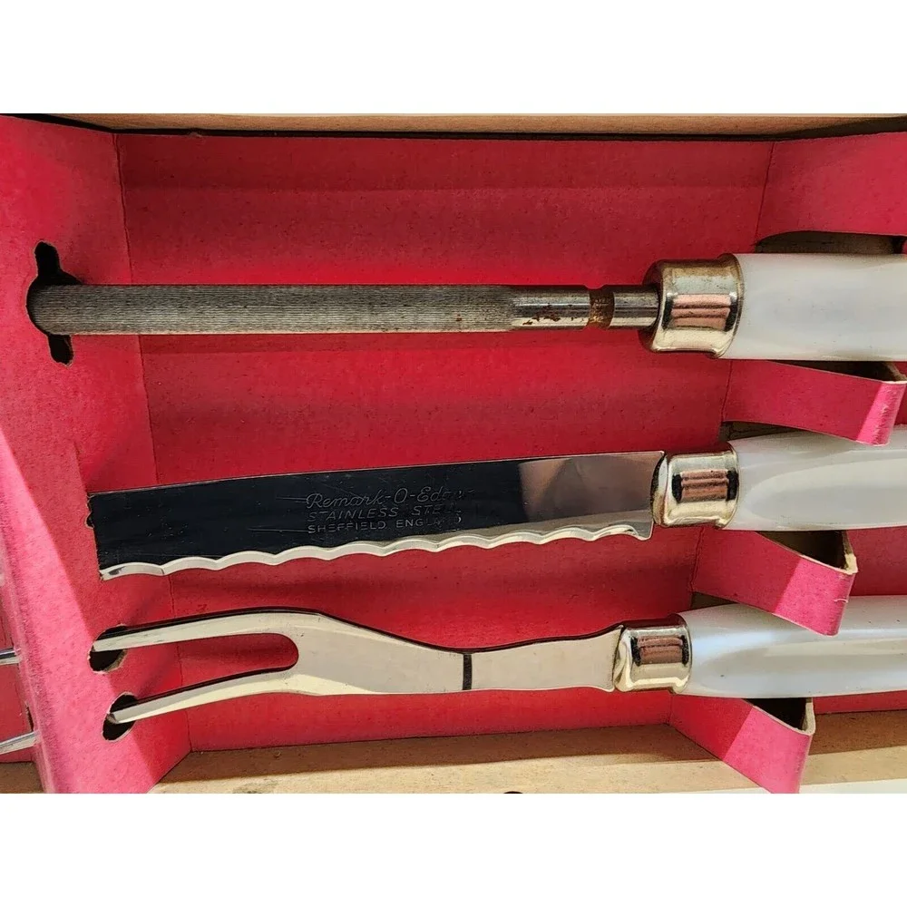 Vtg Regent Sheffield English Stainless 3 Piece Carving Set Box Pearline Bakelite